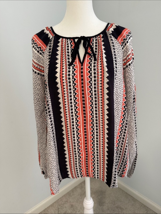 Sanctuary Tops - Sanctuary Striped Boho Tie-Neck Blouse in Coral, Black & White Size Small